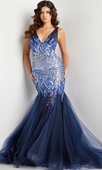 Jovani Sequin-Print Long Navy Prom Dress 38373