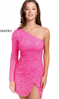 Faux-Wrap Beaded One-Sleeve Mini Party Dress 3860