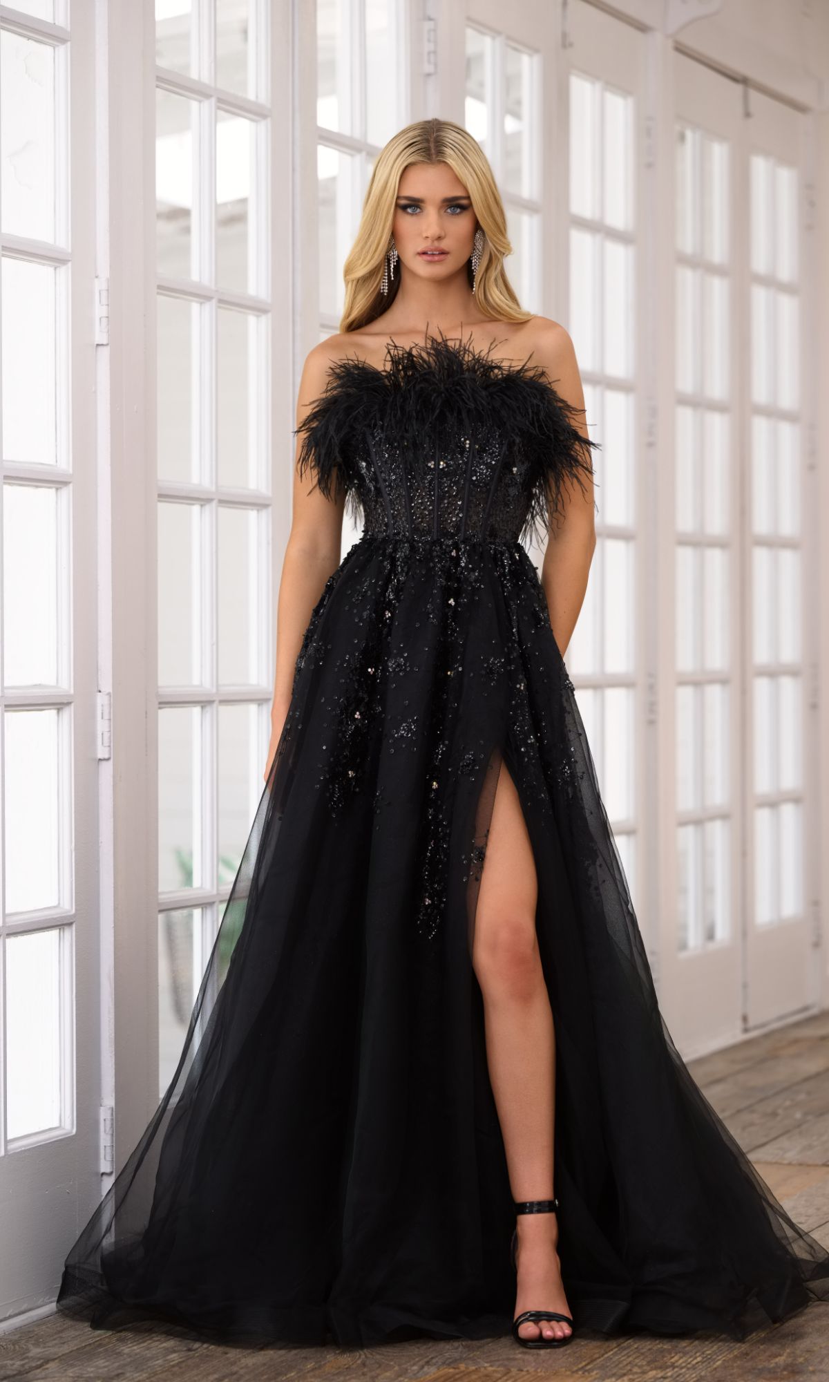 Feather Long Prom Ball Gown: Ava Presley 39232