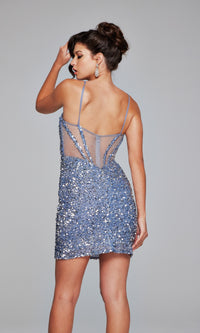 Sheer-Back Short Beaded Hoco Dress: Jovani 39635