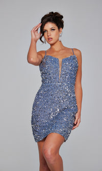 Sheer-Back Short Beaded Hoco Dress: Jovani 39635