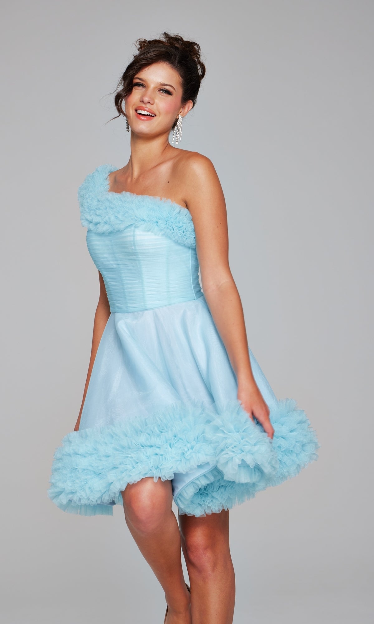 One-Shoulder Short Ruffle Hoco Dress: Jovani 39665