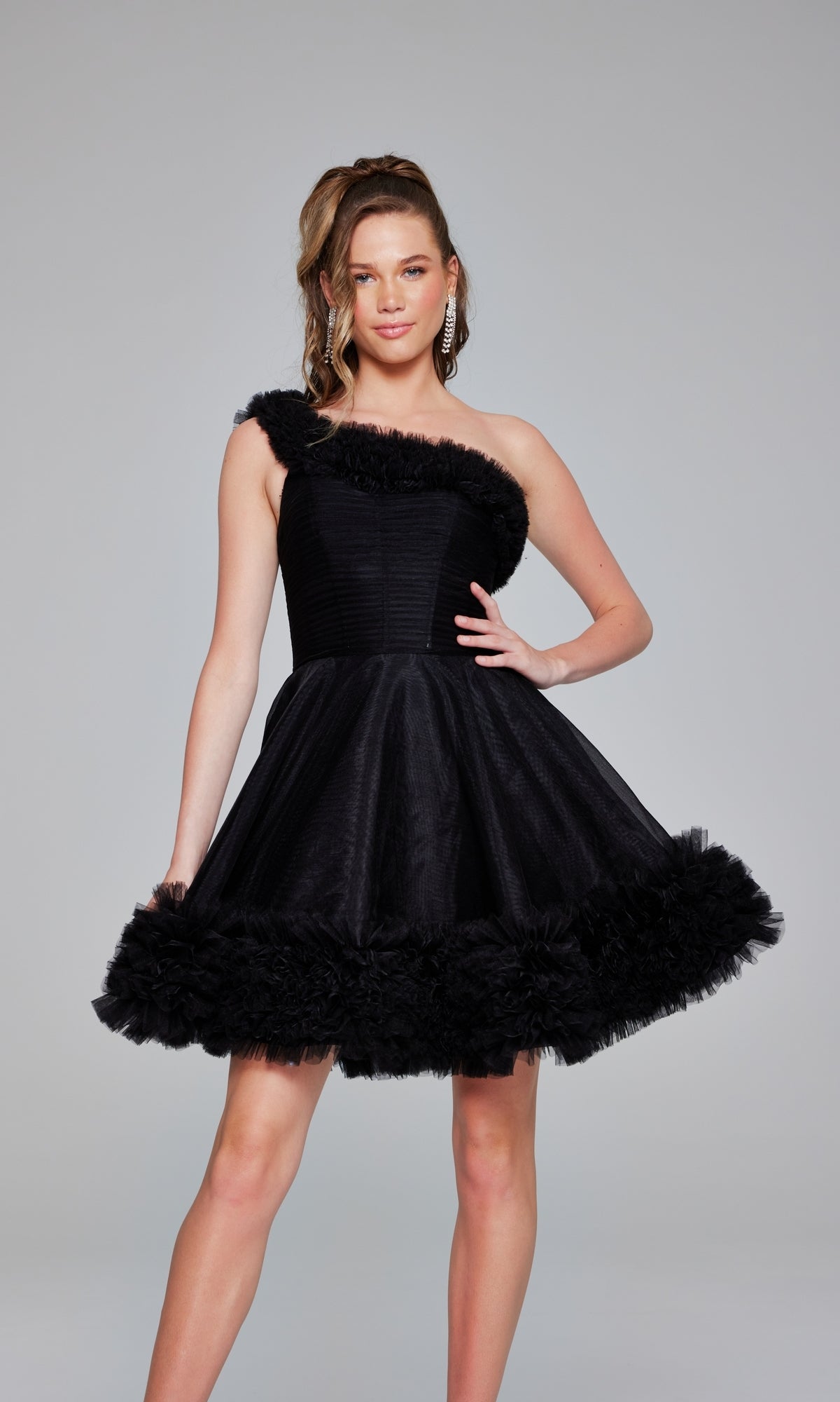 One-Shoulder Short Ruffle Hoco Dress: Jovani 39665