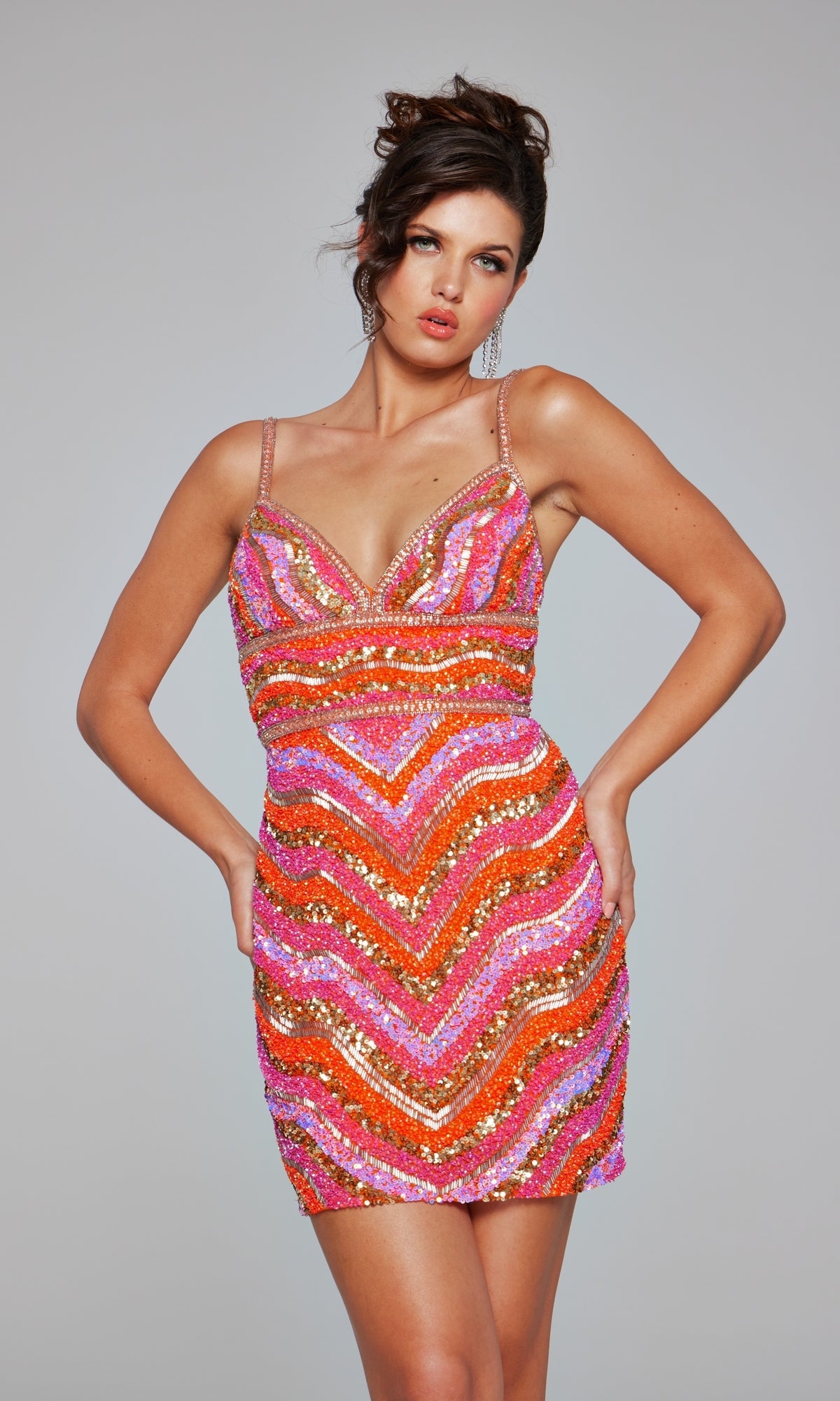 Beaded Short Striped Hoco Dress: Jovani 39903