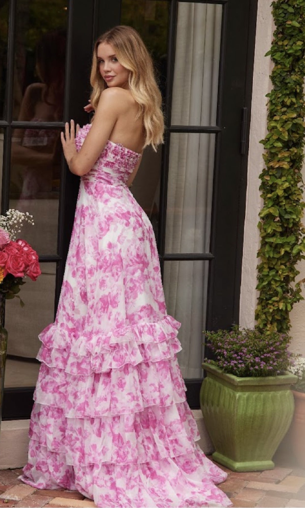 Keyhole Floral-Print Prom Dress: Ava Presley 40026