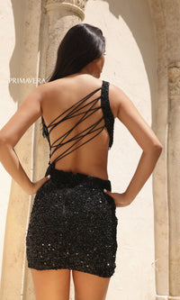 One-Shoulder Sequin Party Dress with Fringe 4015