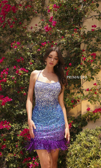 Feather-Hem Short Ombre Sequin Party Dress 4023