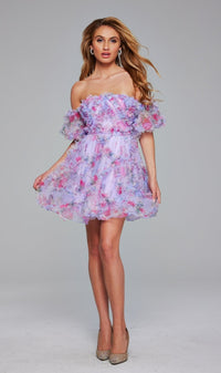 Short Purple Print Hoco Dress: Jovani 40330