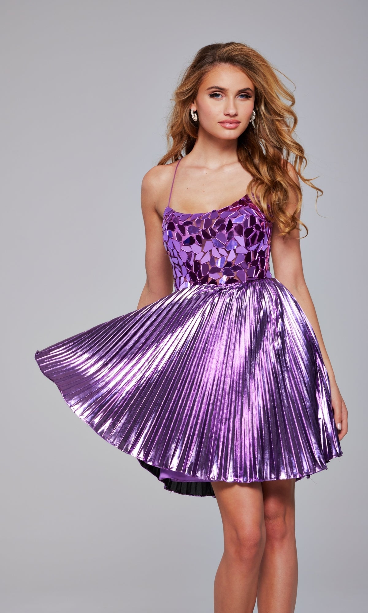 Short Metallic Pleated Hoco Dress: Jovani 40350