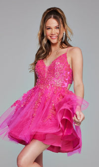 Short Hot Pink Sequin Hoco Dress: Jovani 40384