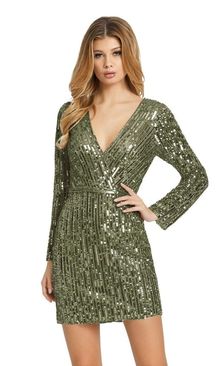 Long Sleeve Silver Sequin Cocktail Dress 41029