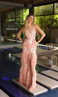 Primavera Beaded Long Ruffled Prom Dress 4106