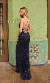 Primavera Beaded-Print Long V-Neck Prom Dress 4121