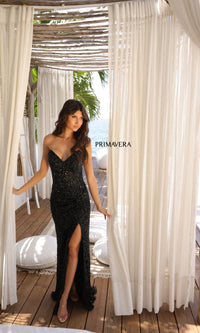 Primavera Sheer-Bodice Beaded Long Prom Dress 4130