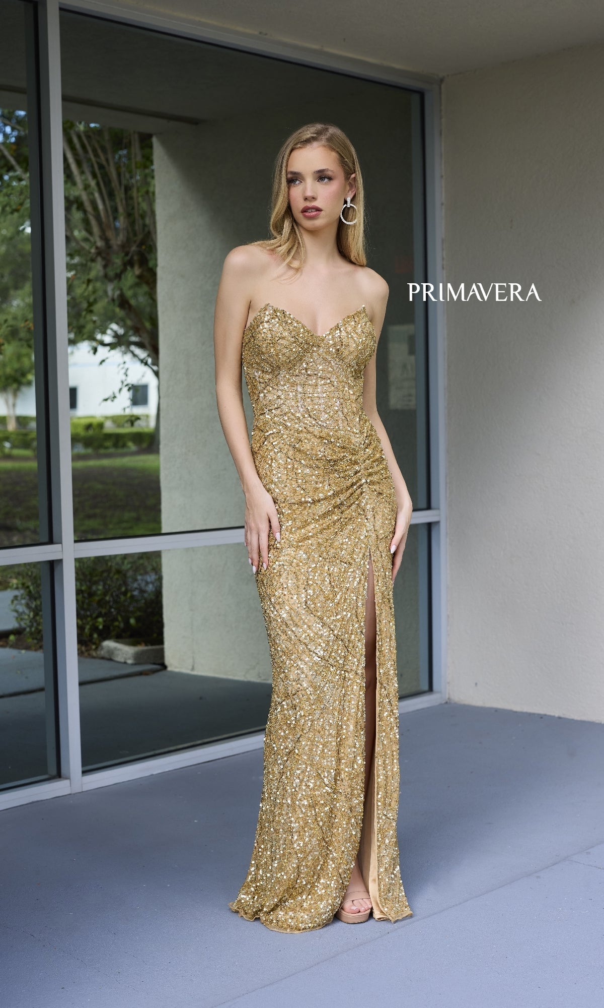 Primavera Sheer-Bodice Beaded Long Prom Dress 4130