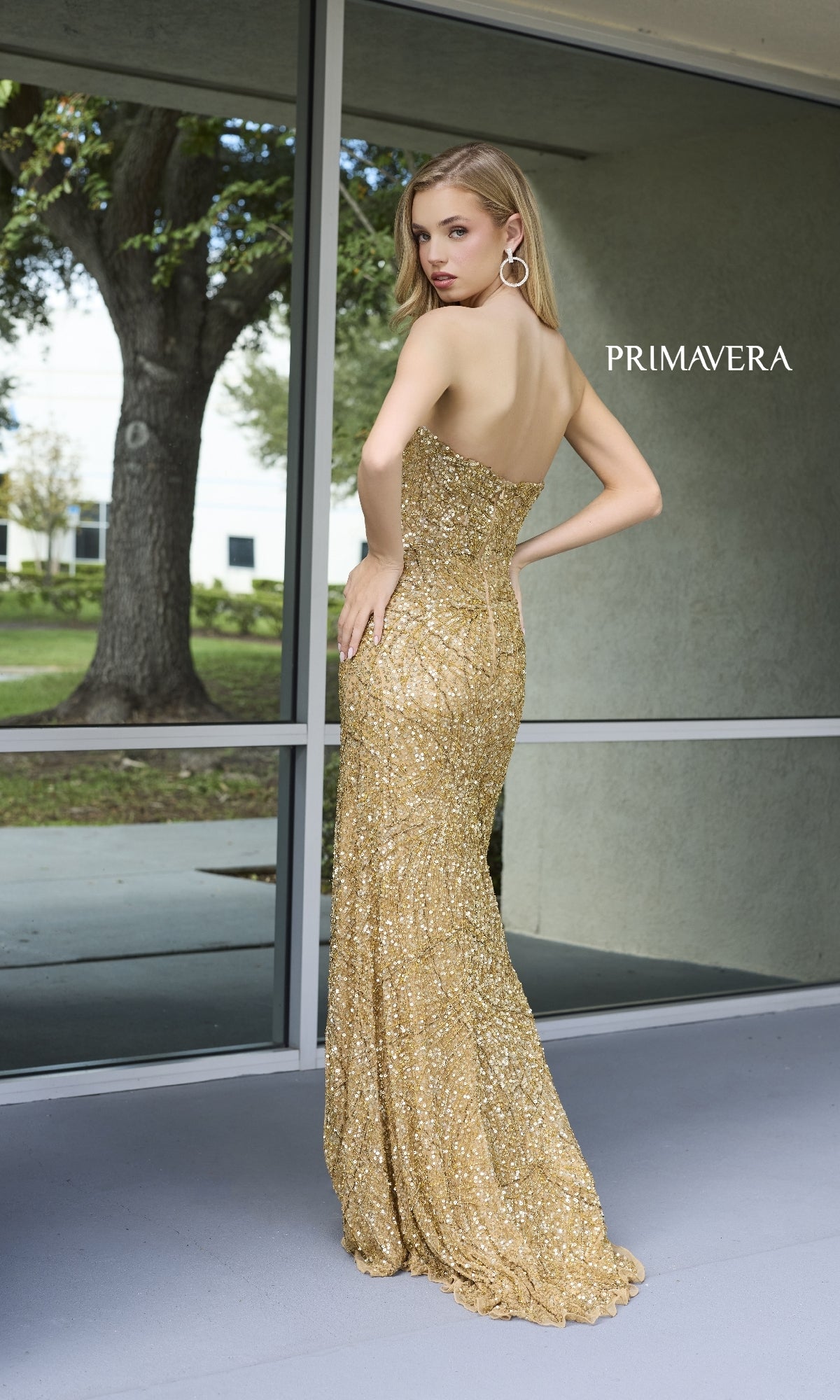 Primavera Sheer-Bodice Beaded Long Prom Dress 4130