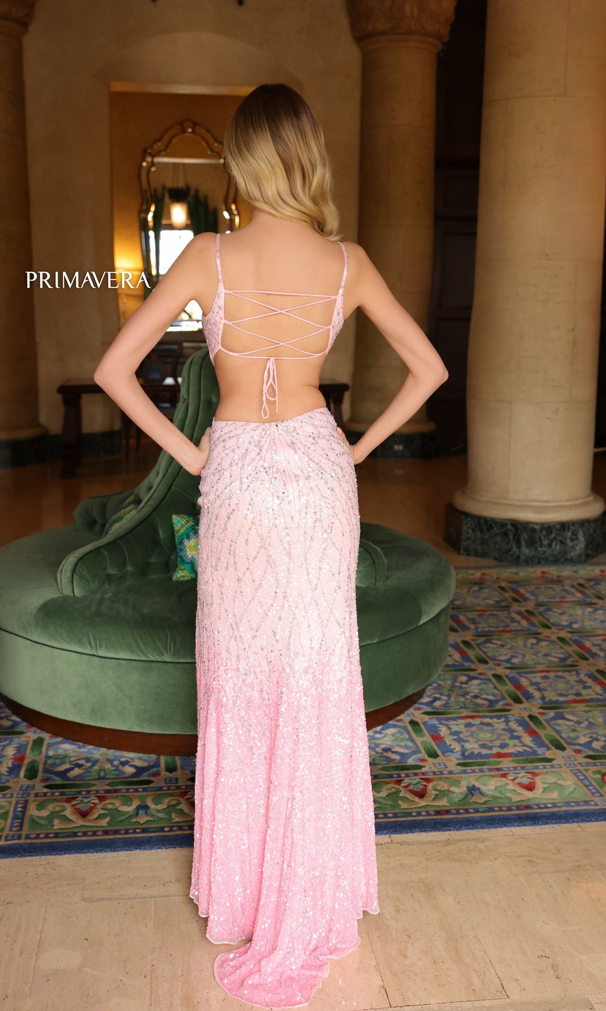 Long Ombre-Beaded Prom Dress with Cut Outs - PromGirl