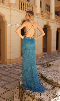 Primavera Beaded-Fringe Long Prom Dress 4145