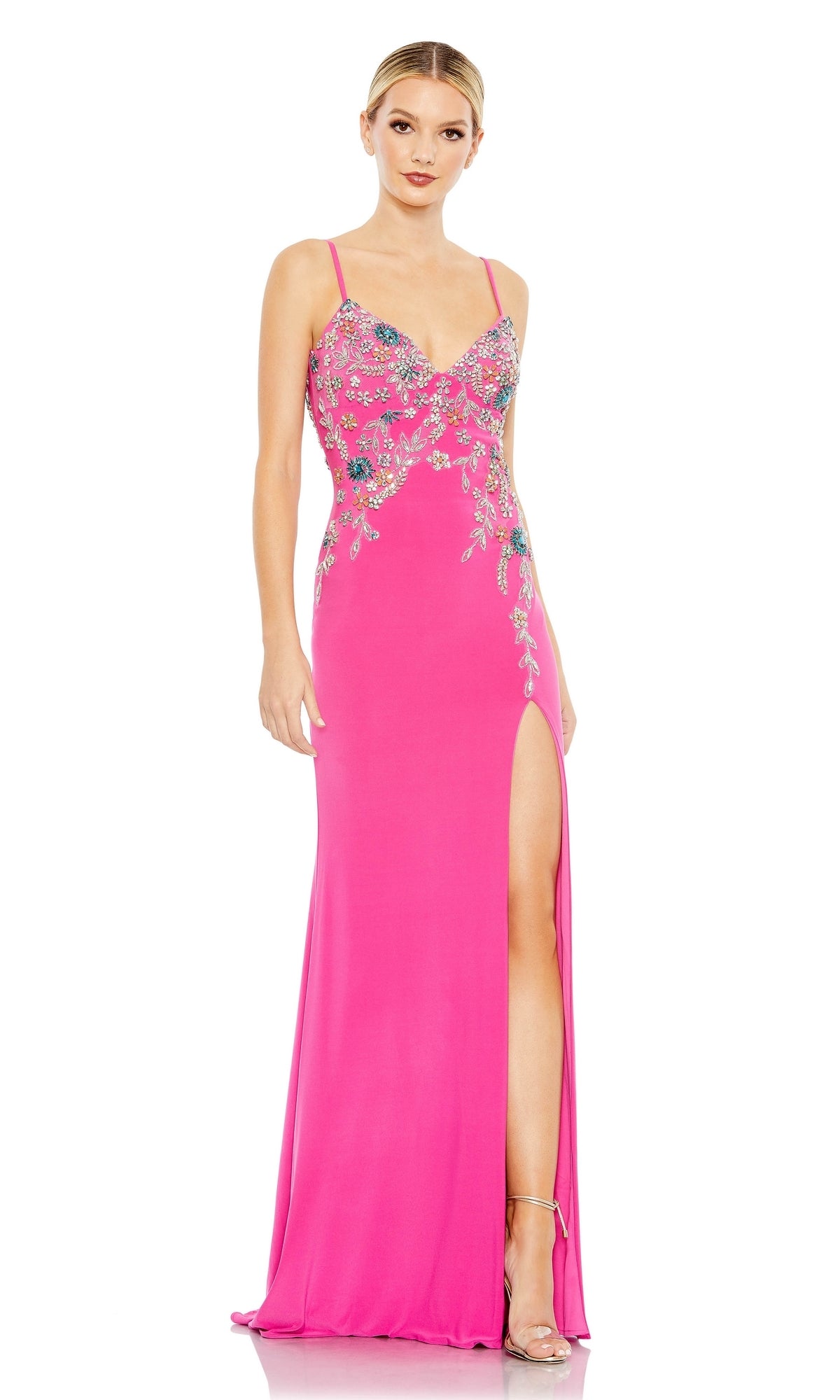 Long Pink Beaded Prom Dress with Low Back - PromGirl