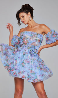 Jovani Puff-Sleeve Short Print Hoco Dress 42573