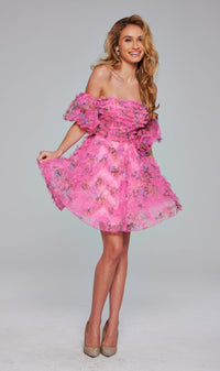 Jovani Puff-Sleeve Short Print Hoco Dress 42573