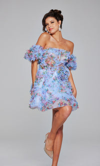 Jovani Puff-Sleeve Short Print Hoco Dress 42573