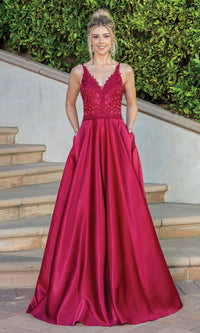 Embroidered-Bodice Long Prom Dress with Corset