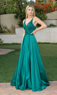 Embroidered-Bodice Long Prom Dress with Corset