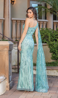 One-Shoulder Long Glitter Prom Gown with Cape