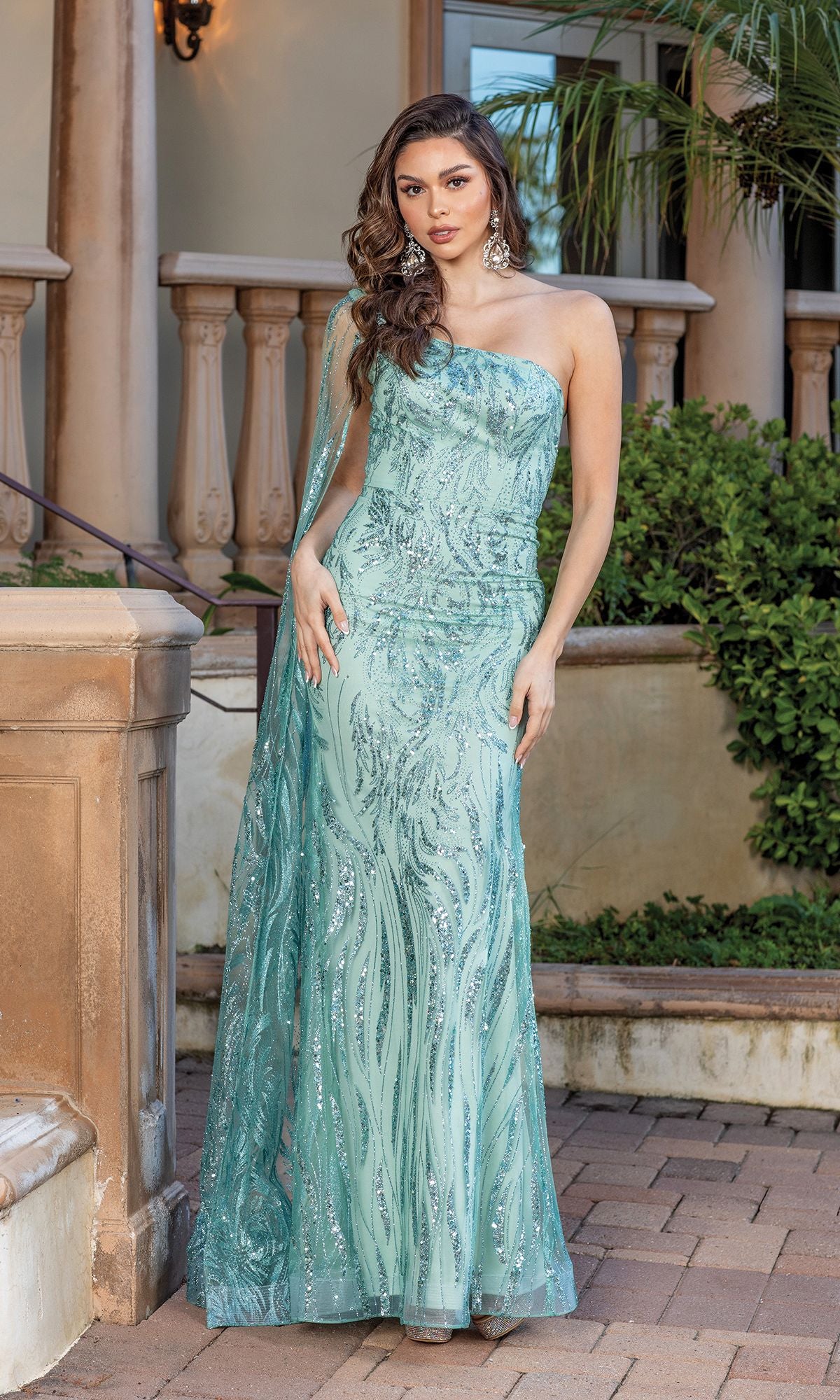 One-Shoulder Long Glitter Prom Gown with Cape