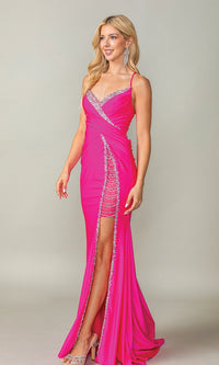 Fuchsia Pink Beaded Long Prom Dress 4405