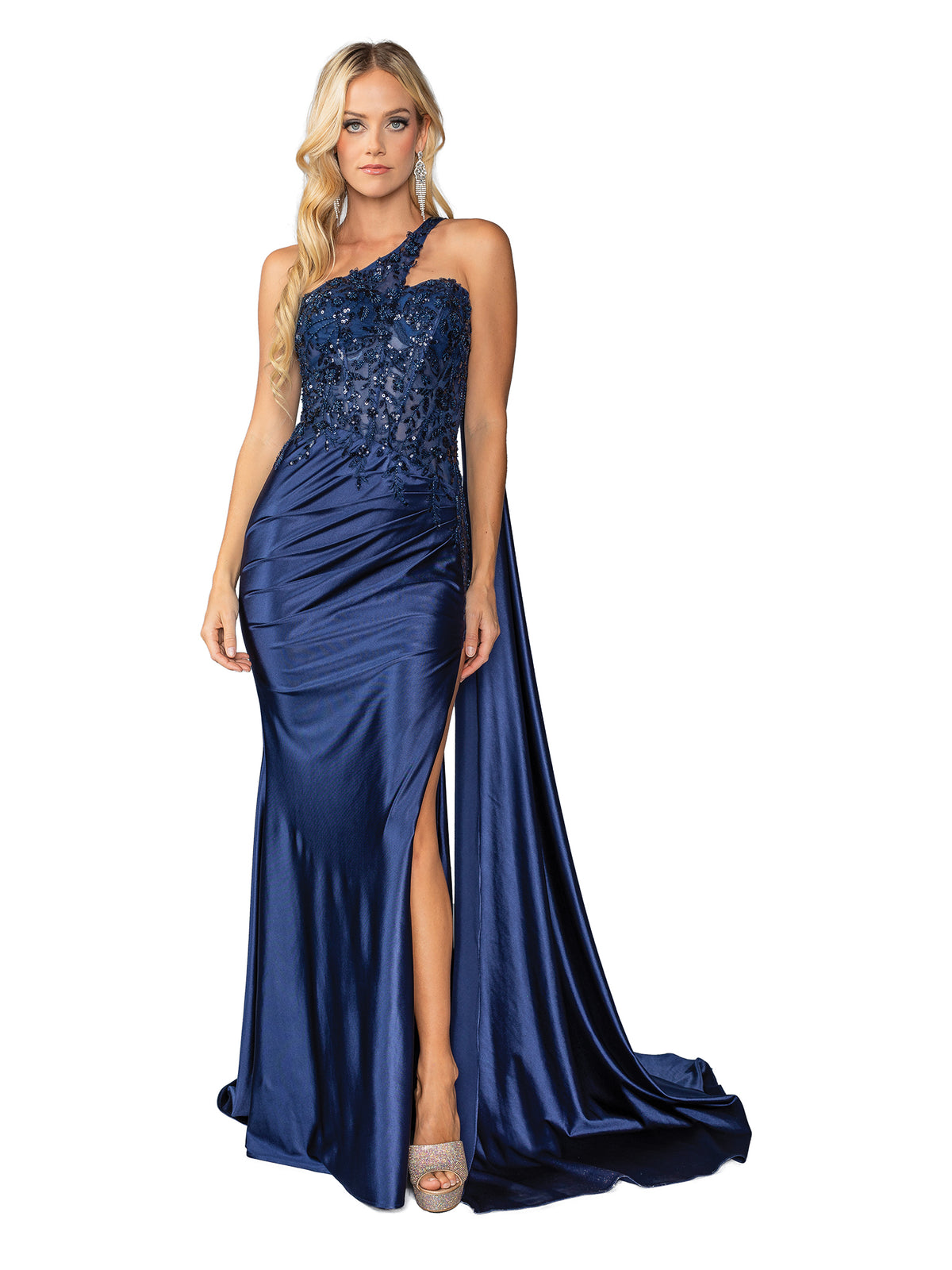 Beaded Bodice Long Prom Dress With Shoulder Sash