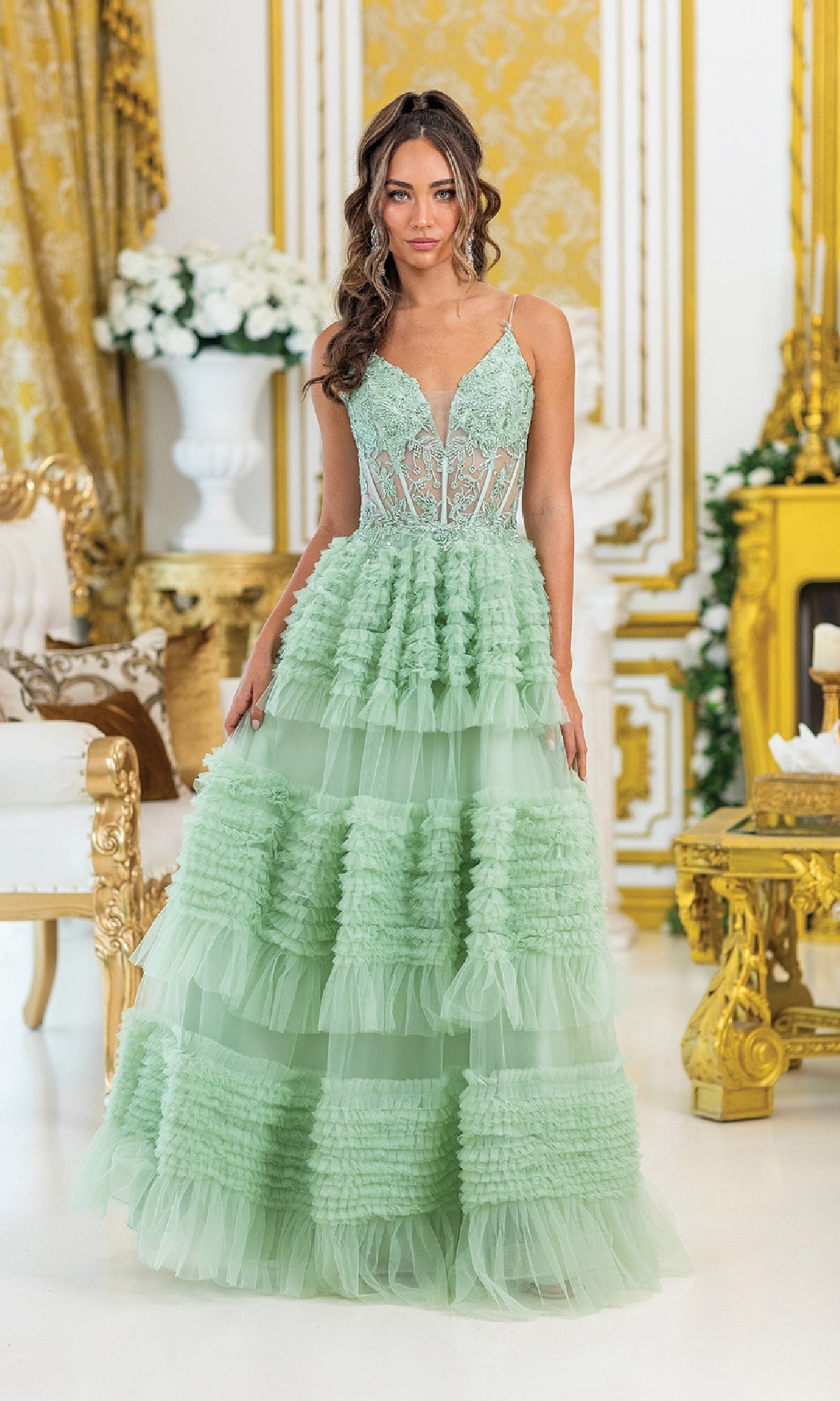 Sage Green Ruffled Prom Ball Gown: Dancing Queen 4476