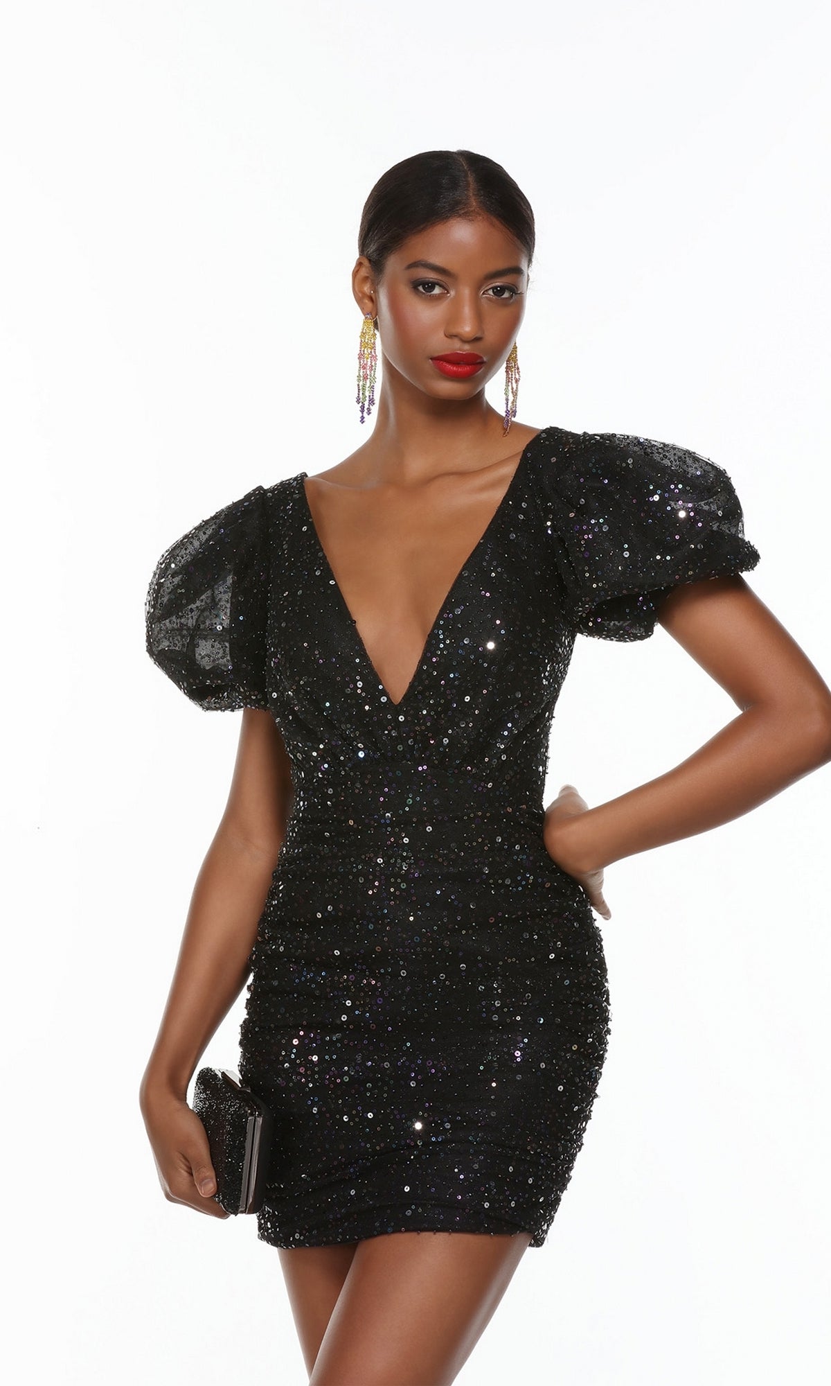 Short Sleeve V-Neck Sequin Cocktail Dress - PromGirl