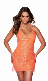 Neon Short Sequin Party Dress with Fringe 4627