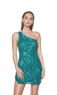 One-Shoulder Alyce Hand-Beaded Mini Dress 4641