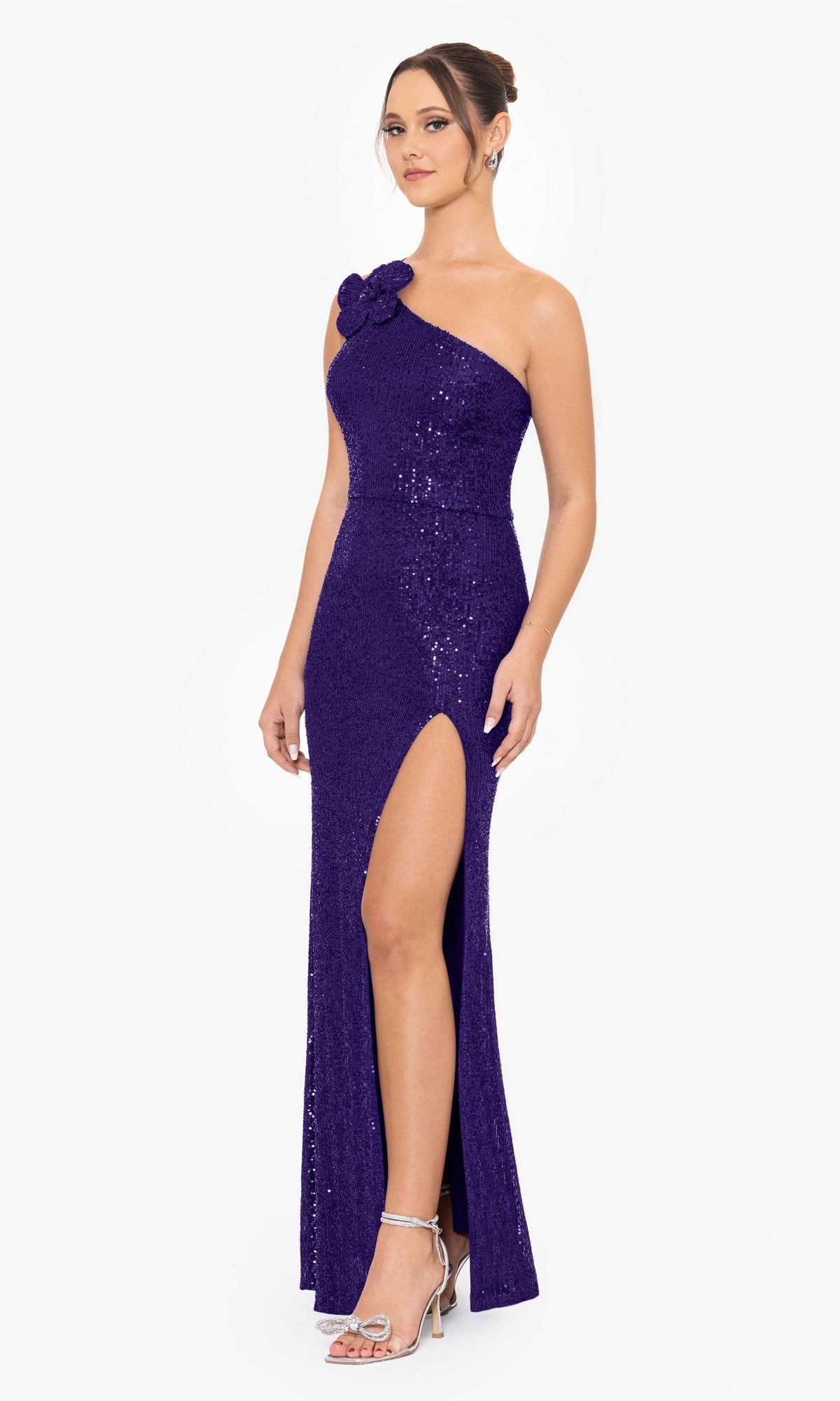 Rosette One Shoulder Long Purple Sequin Prom Dress 2253