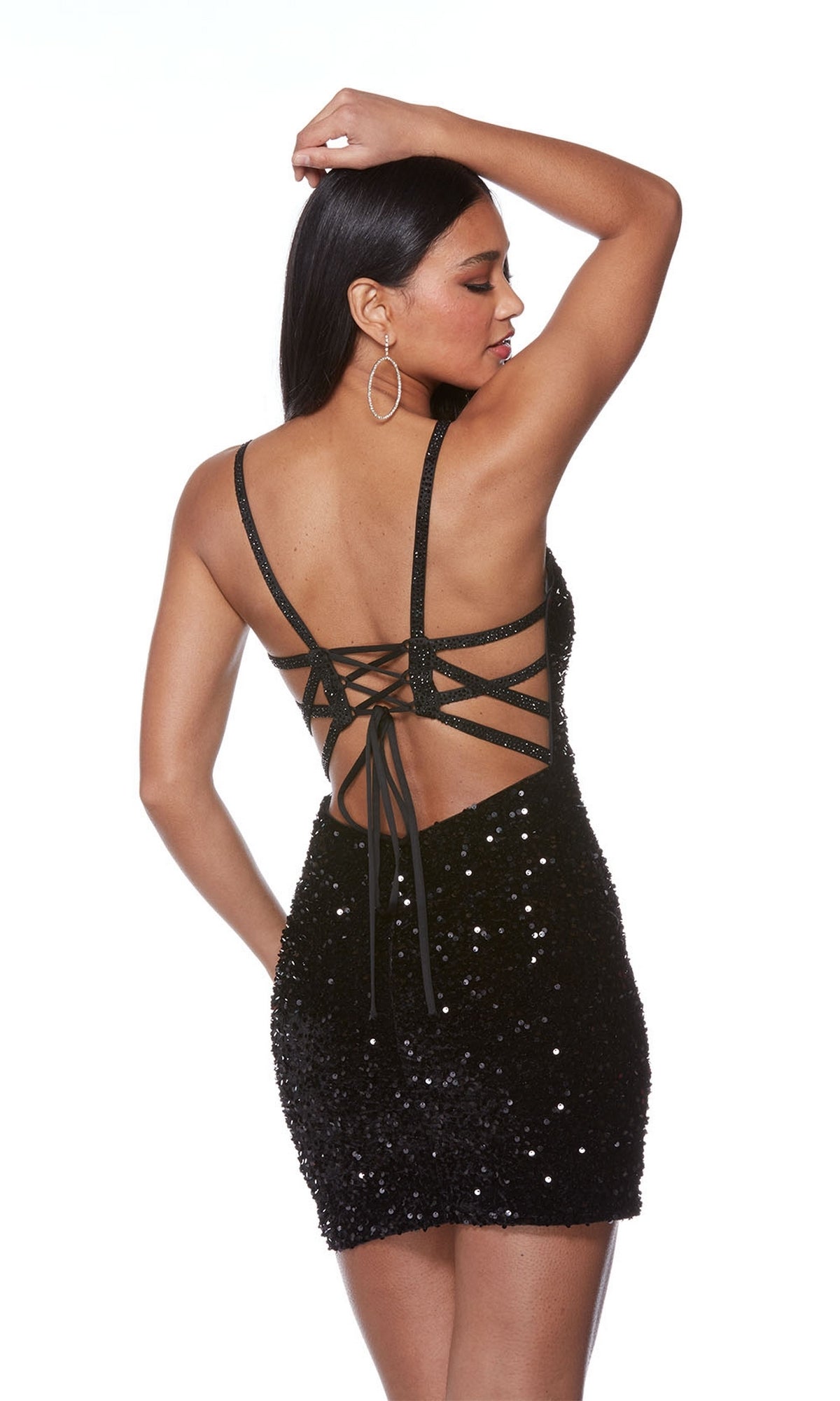 Strappy-Back Short Black Sequin Cocktail Dress