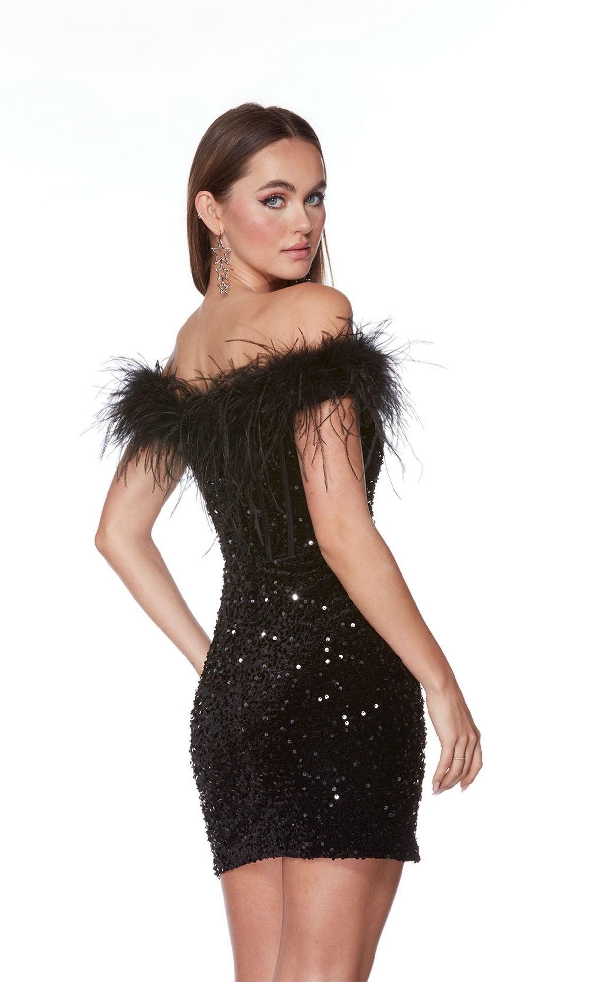 Feather Short Black Sequin Homecoming Dress - PromGirl