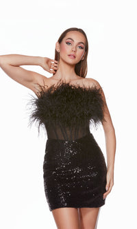 Sheer-Waist Feather Sequin Short Party Dress 4799