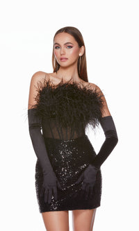 Sheer-Waist Feather Sequin Short Party Dress 4799