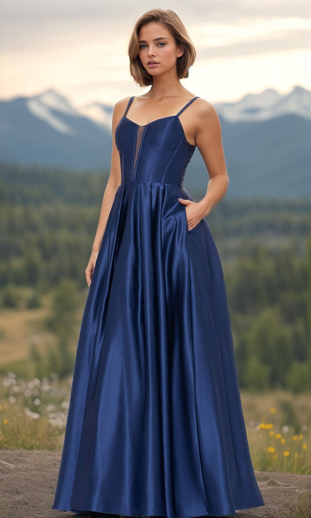 Deep V Neck Long A Line Prom Dress with Pockets