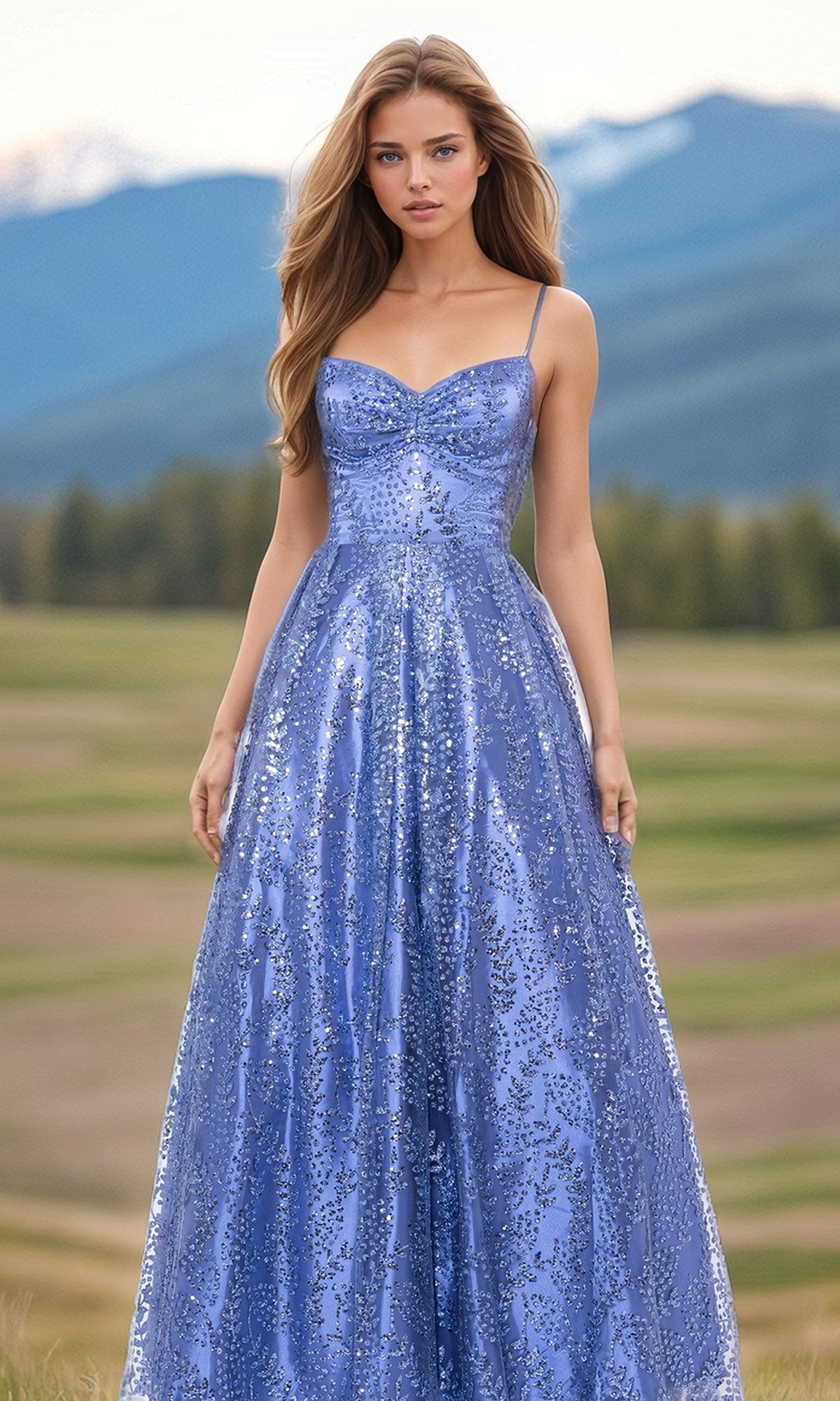 Glitter-Print Long A-Line Prom Dress with Strappy Back