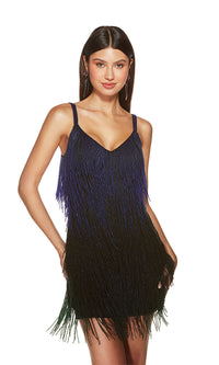 V-Neck Fringe Homecoming Dress: Alyce 4875