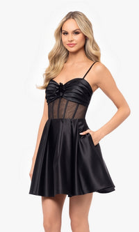 Sheer-Bodice Short Black Hoco Dress 4982BN