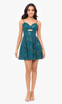 Cut-Out Short Teal Glitter-Print Hoco Dress 4997BN