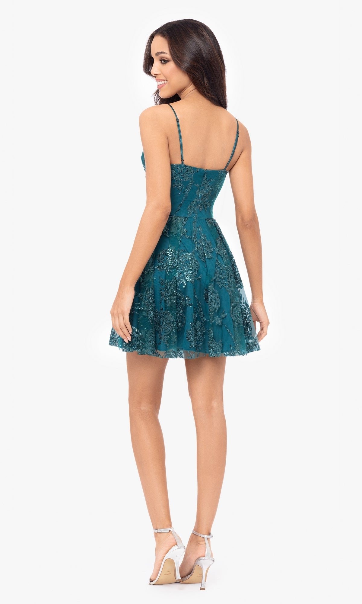 Cut-Out Short Teal Glitter-Print Hoco Dress 4997BN