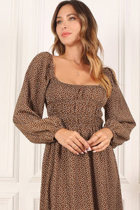 Brown Floral-Print Long Sleeve Tea-Length Dress