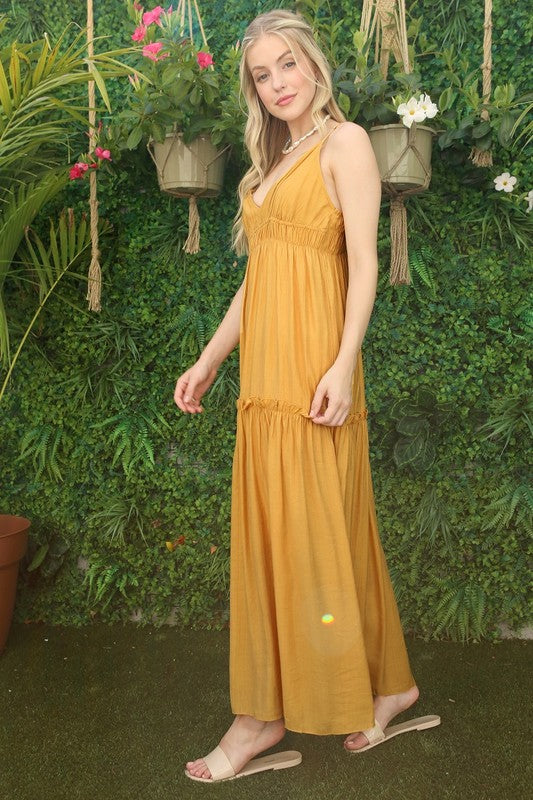 Long Yellow Tiered Casual Maxi Dress FGDR22L015