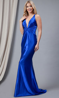 Twist-Waist Deep V-Neck Long Prom Dress 5039